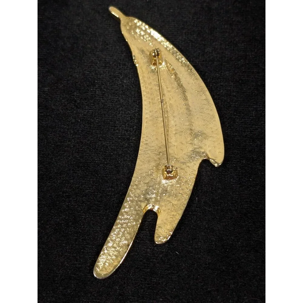 Vintage Large Gold Tone Textured‎ Abstract Swoosh Brooch Modernist